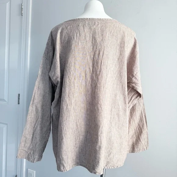 FLAX 100% Linen Oversized V-Neck Tunic Top L Lagenlook Bohemian Long Sleeves - Picture 5 of 14